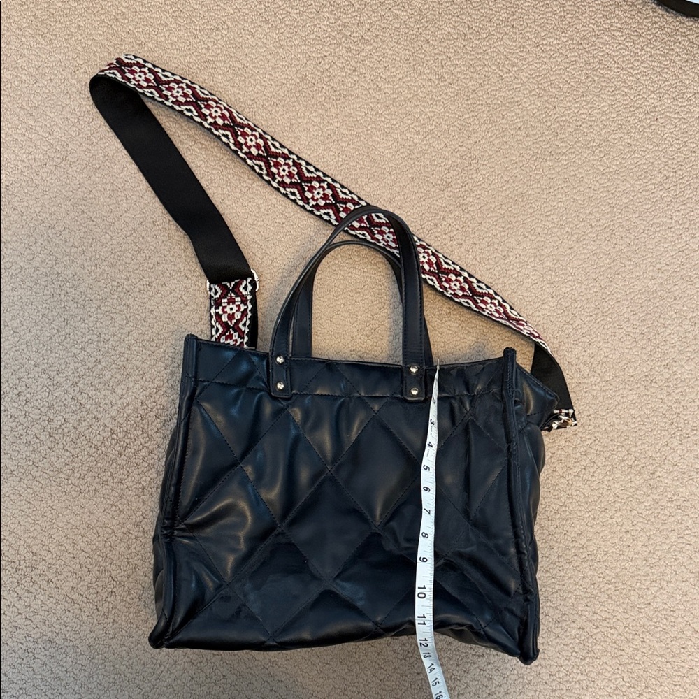 Elegant Black Quilted Tote with Patterned Strap